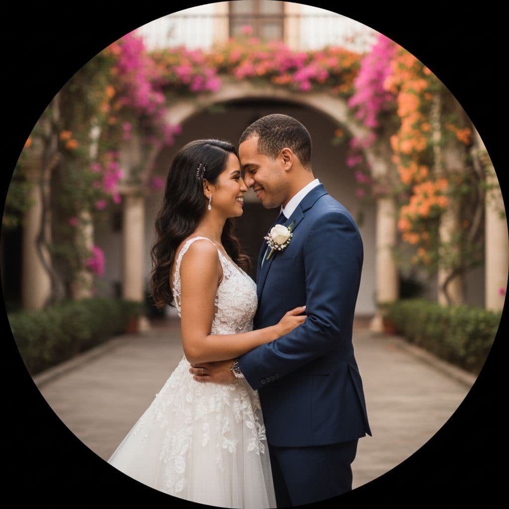 Newlywed couple at Hotel Santa Clara, Cartagena, warm golden-hour portrait.