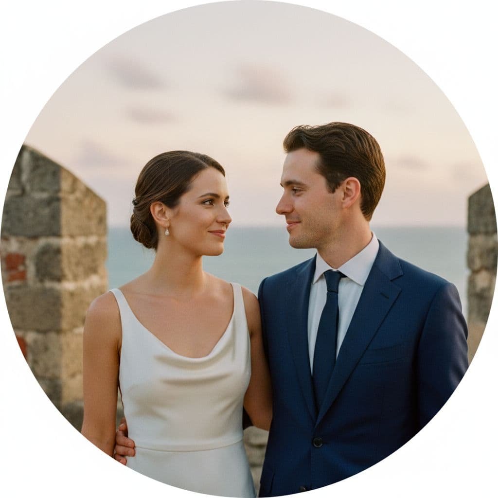 Wedding couple at Castillo de San Felipe de Barajas, Cartagena, sunset portrait