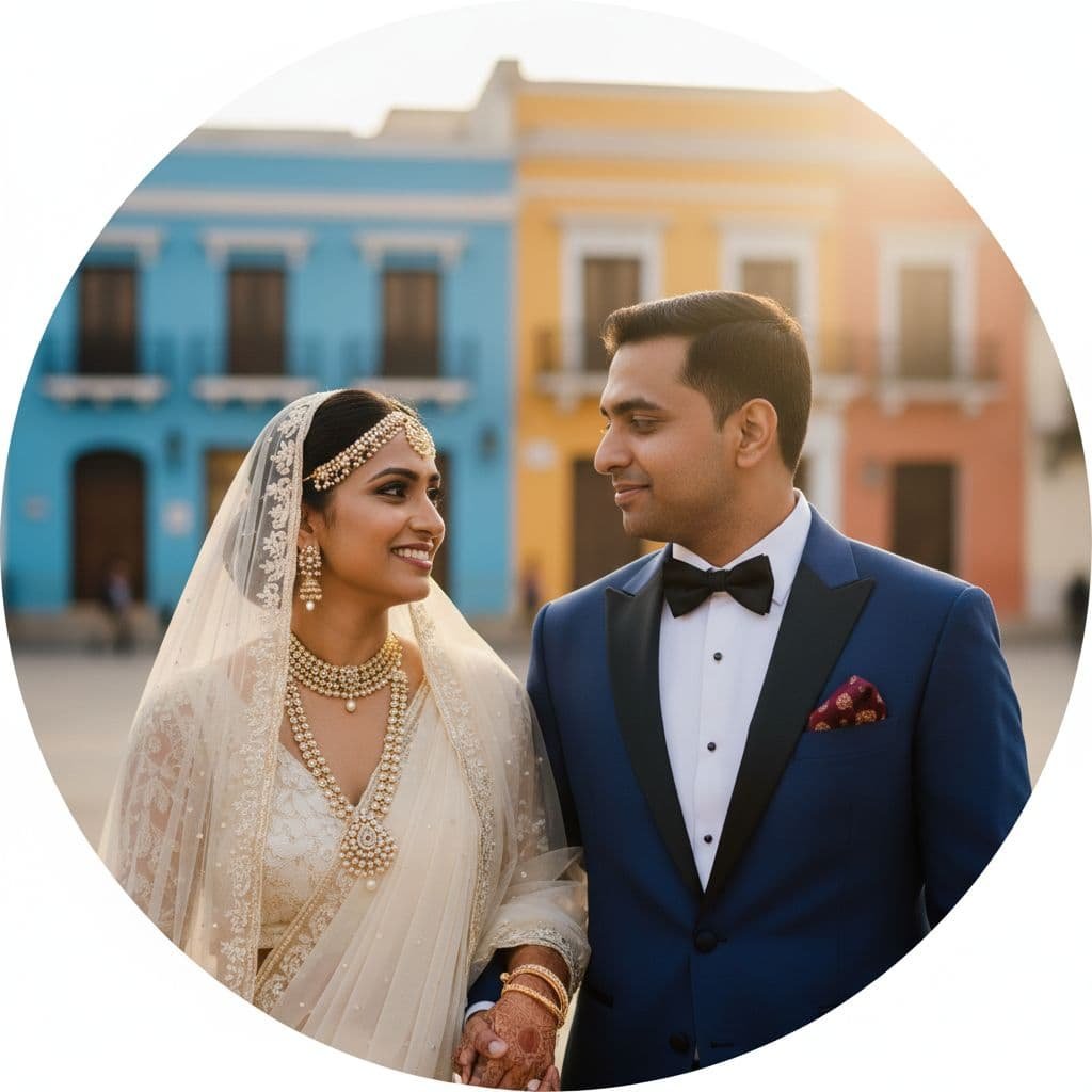 Pareja de boda en la Plaza de San Pedro, Cartagena, retrato íntimo con fachadas coloniales de fondo