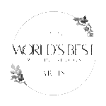 World’s Best Wedding Photos – Artist 2025” badge with a gold circular ring and floral accents on a black background.