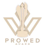 Prowed Award logo featuring a gold trophy with geometric V shapes on a black background